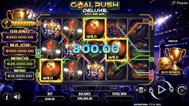 Goal Rush Deluxe - bun-chluiche, líne buaiteach ag teacht aníos